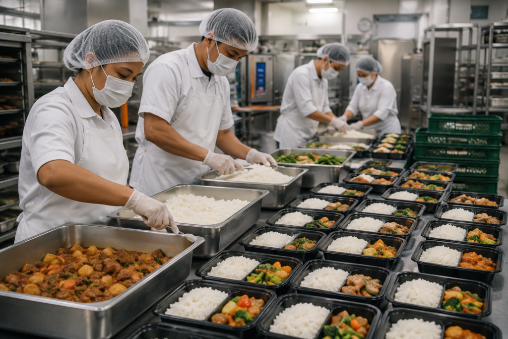 Food service professionals preparing fresh ready-to-serve meals in a commercial kitchen for corporate food supply services in the Philippines.