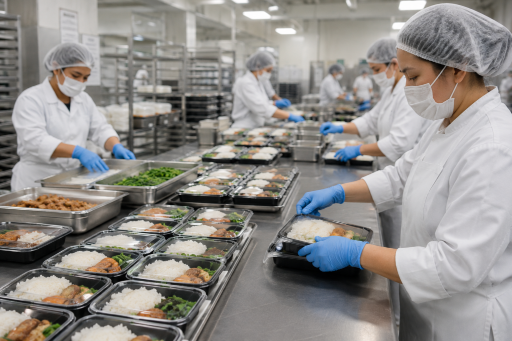 Food service professionals preparing individually packaged meals in a commercial commissary kitchen for businesses and institutions in the Philippines.