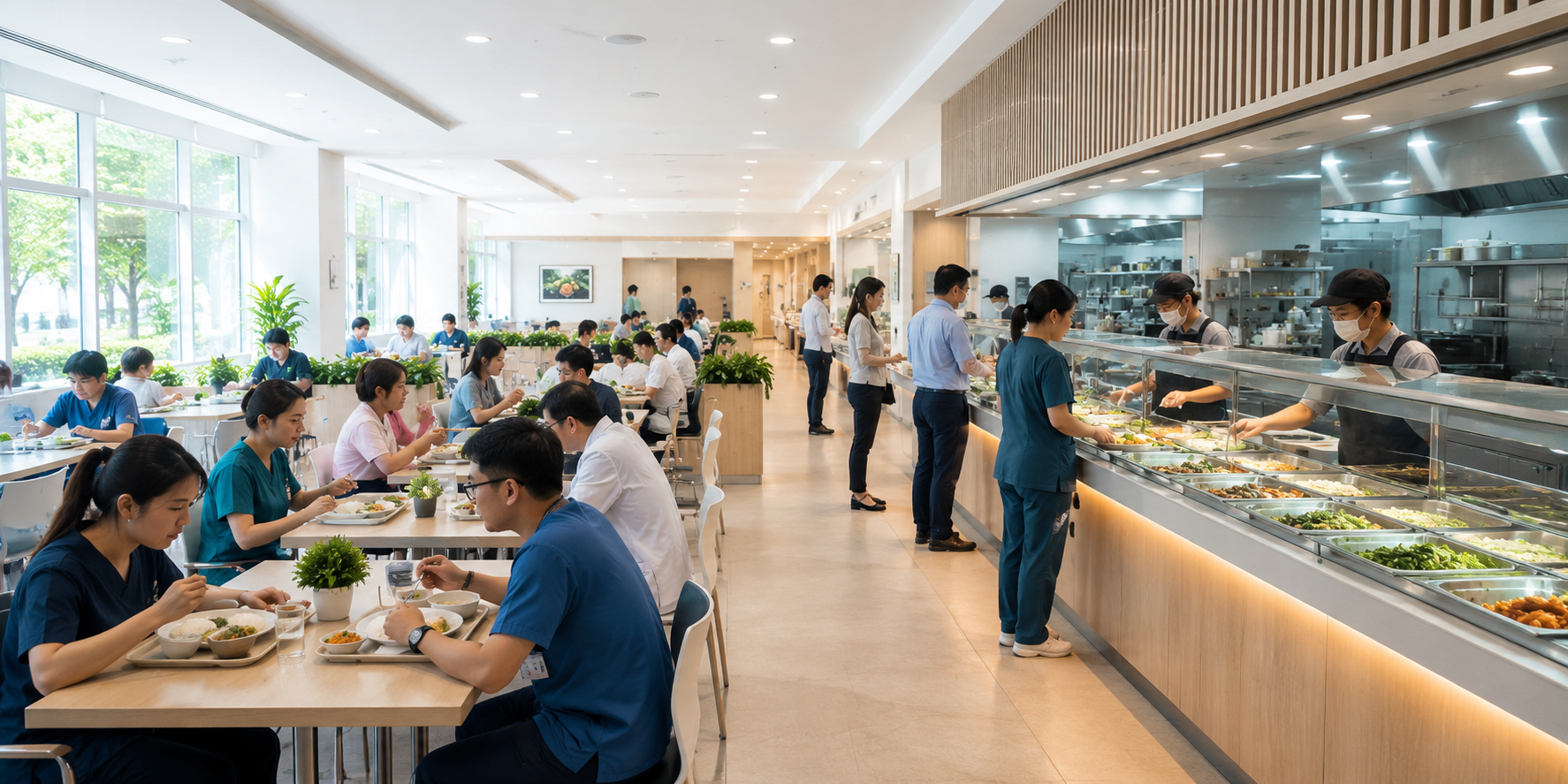 Modern hospital cafeteria in the Philippines with staff serving meals to healthcare workers and visitors