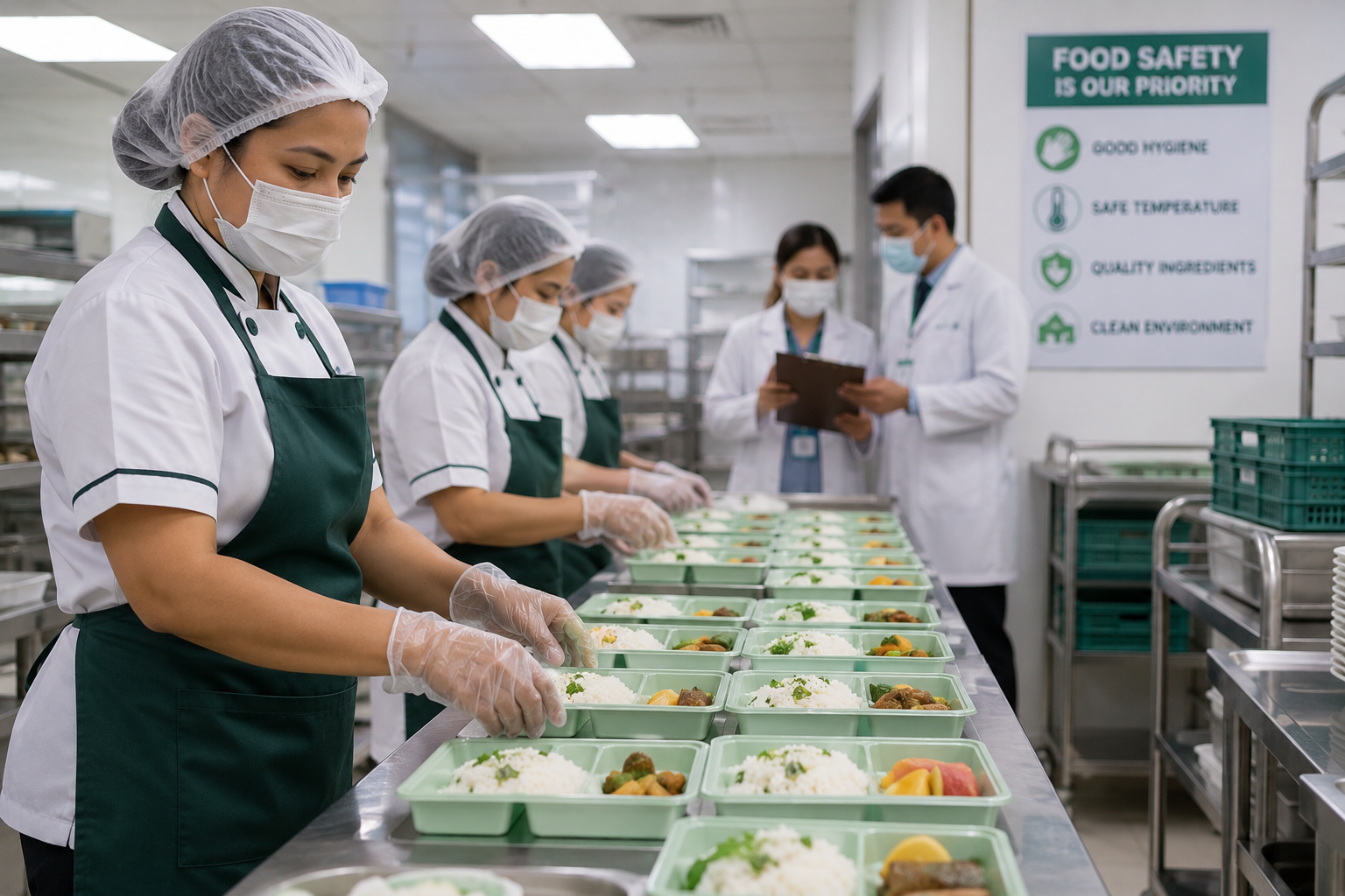 Healthcare food service professionals preparing nutritious patient meals in a commercial hospital kitchen following strict food safety and quality standards in the Philippines.