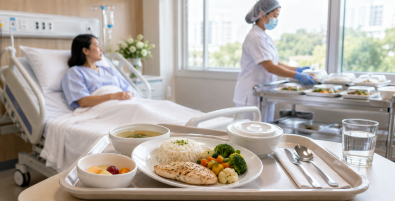 Hospital patient receiving a nutritious meal while a healthcare food service professional prepares fresh meals in a modern hospital facility in the Philippines.
