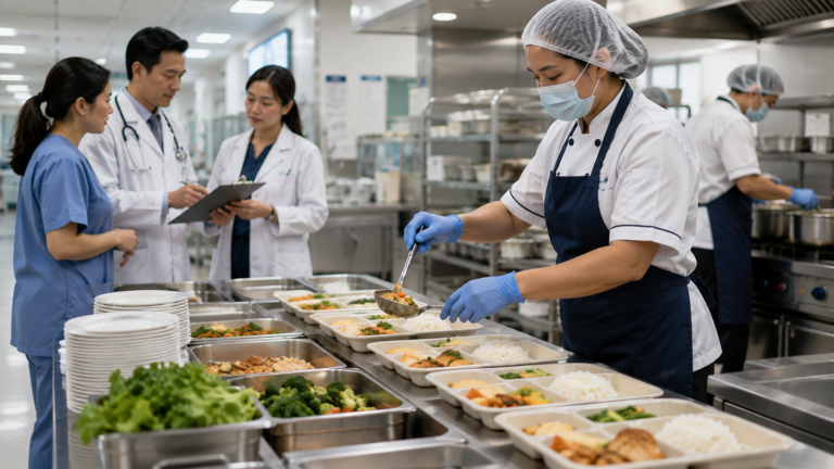 Healthcare food service professionals preparing nutritious patient meals in a modern hospital kitchen in the Philippines.