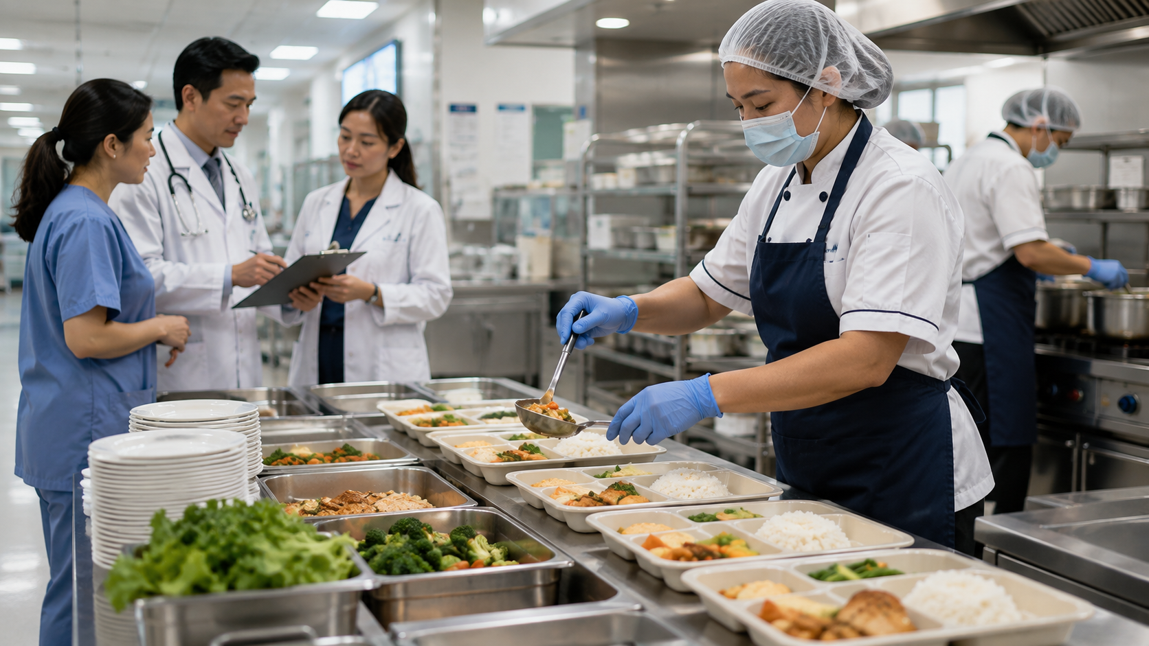 Healthcare food service professionals preparing nutritious patient meals in a modern hospital kitchen in the Philippines.